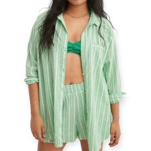Aerie Linen Blend Coverup Button Up Shirt Size Small Green Striped Pool Pastel